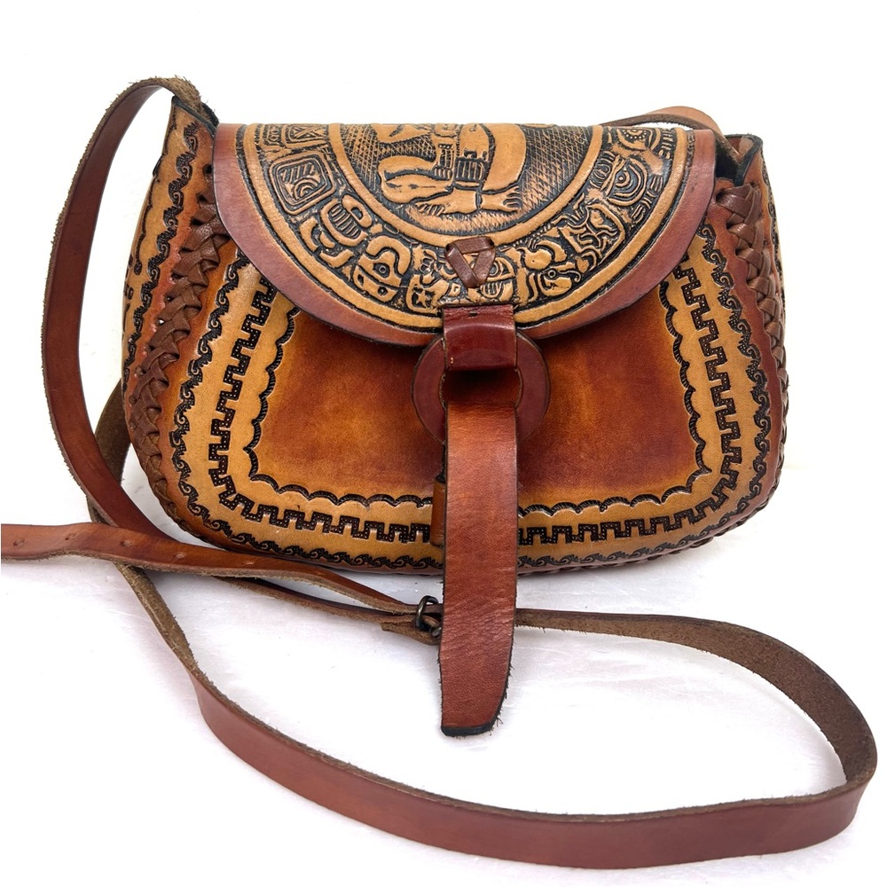 Vintage Tooled Leather Mexico Flap Shoulder Crossbody Bag